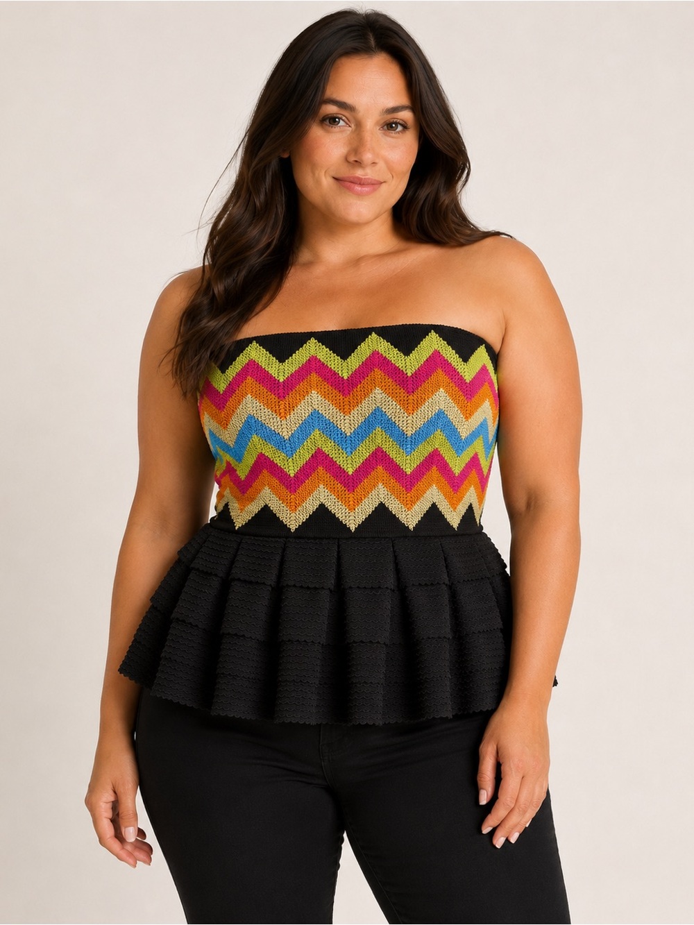 Gracia Strapless Peplum Top Size L Multicolor Chevron Black Ruffle